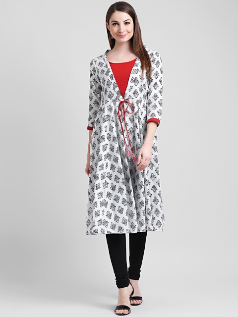 Aayna Women White & Black Printed Anarkali Kurta