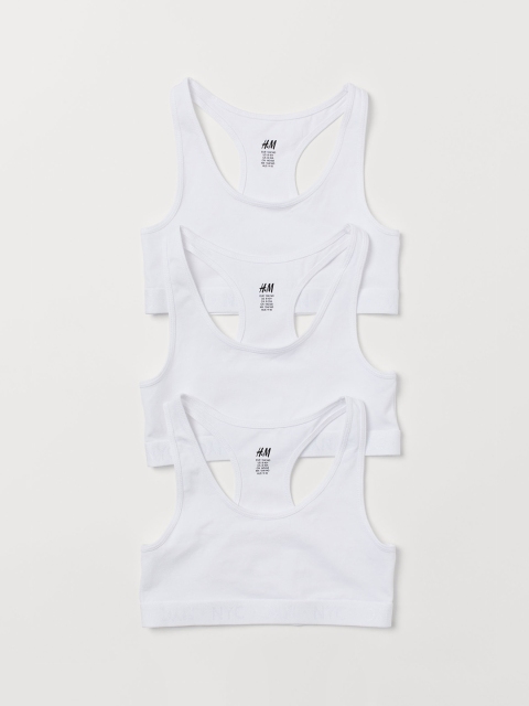 H&M Girls White Solid 3-Pack Pure Cotton Tops