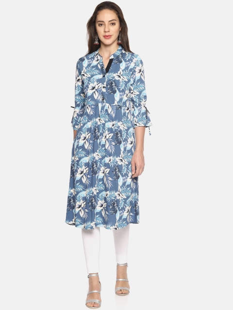 Mytri Women Blue Floral Printed A-Line Kurta