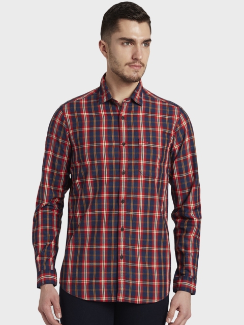 ColorPlus Men Red & Navy Blue Regular Fit Checked Casual Shirt
