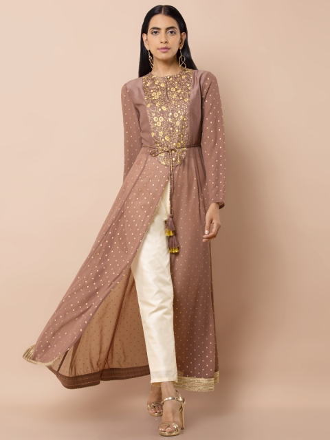 INDYA Rose Foil Embroidered Belted Anarkali Tunic, Pink