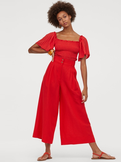 H&M Women Red Solid Wide Linen Blend Trousers