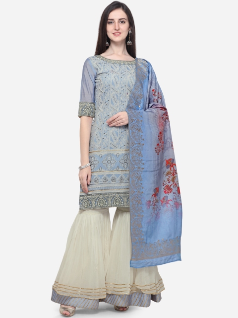 Stylee LIFESTYLE Blue & White Silk Blend Semi-Stitched Dress Material