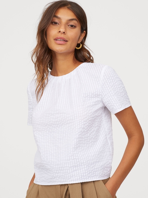 H&M Women White Solid Seersucker Blouse