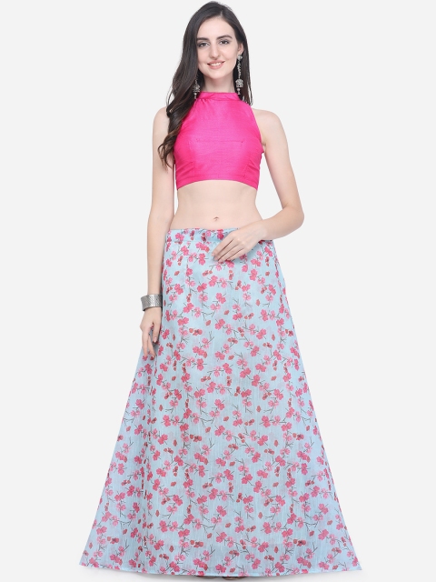 Satrani Women Blue & Pink Floral Print Bhaghalpuri Silk Lehenga with Unstiched Choli