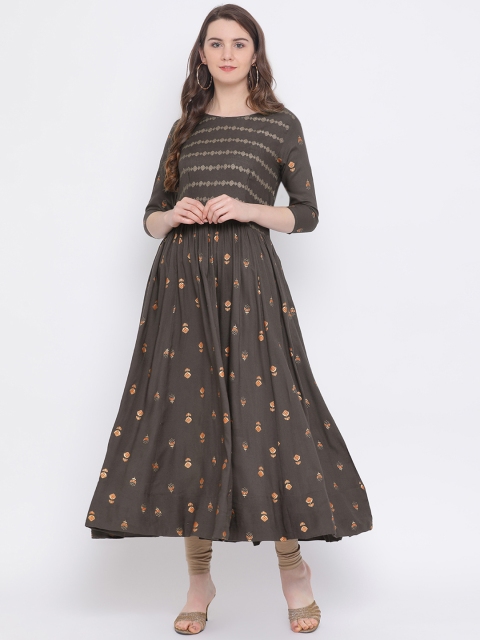 Indian Virasat Women Taupe Printed A-Line Kurta