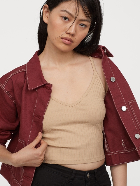H&M Women Beige Solid Cropped Jersey Strappy Top
