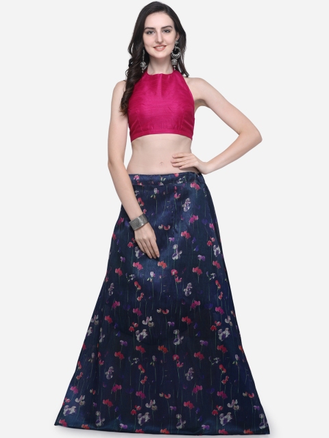 Satrani Women Navy Blue & Burgundy Floral Print Silk Lehenga with Unstiched Choli