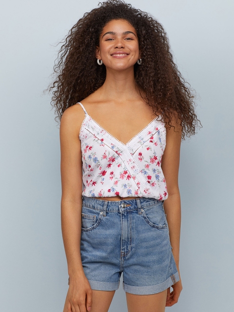 H&M Women White Floral Printed V-Neck Strappy Wrap Top With Lace