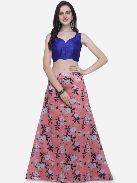 Satrani Women Peach-Coloured & Blue Floral Print Silk Lehenga with Unstiched Choli