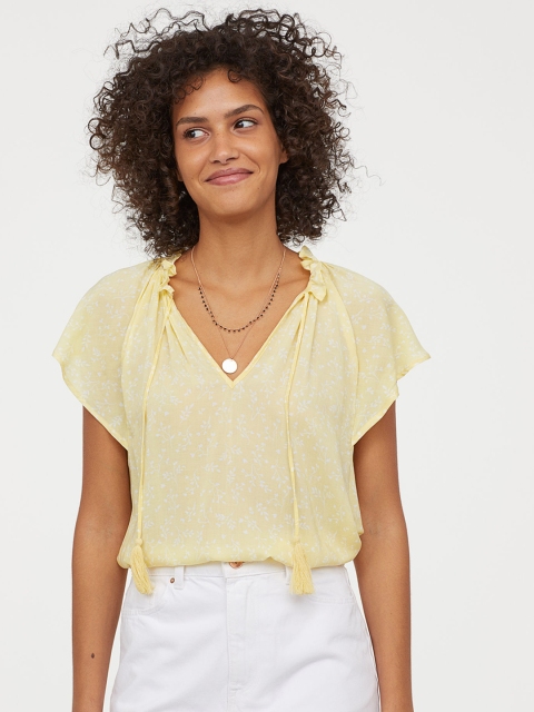 H&M Women Yellow Printed V-Neck Blouse