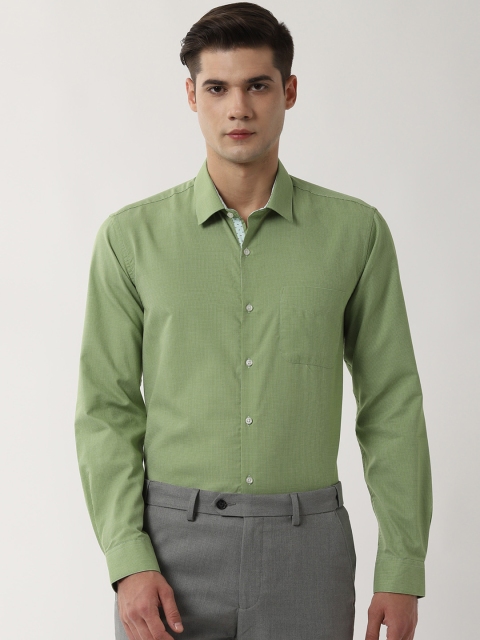 Peter England Men Green & White Regular Fit Self Design Formal Shirt
