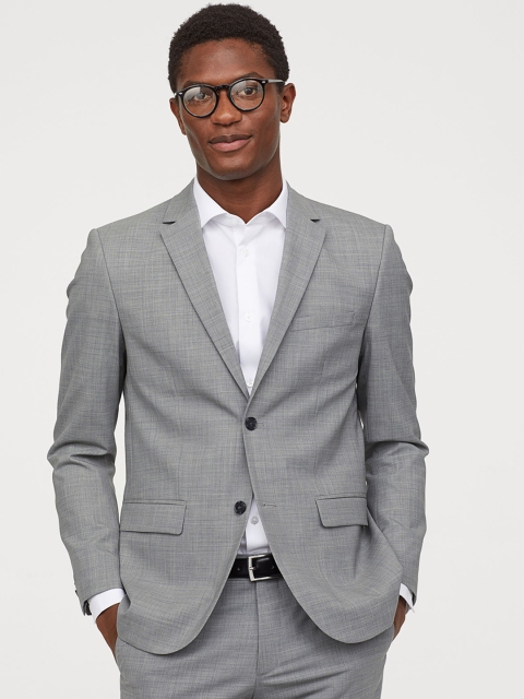 H&M Men Grey Solid Wool Jacket Slim Fit
