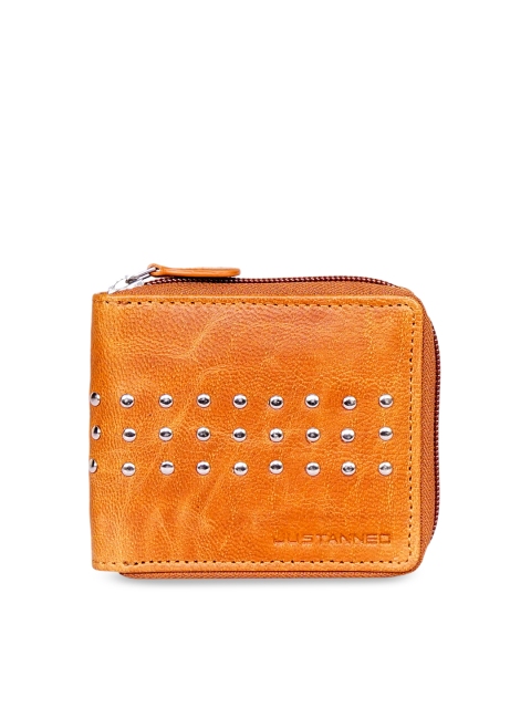 Justanned Women Tan Brown Leather Studded Zip Around Wallet