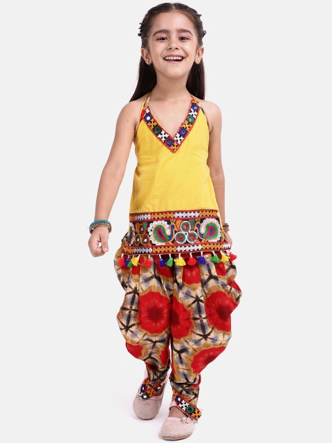 BownBee Girls Yellow & Red Embroidered Kurta with Dhoti Pants