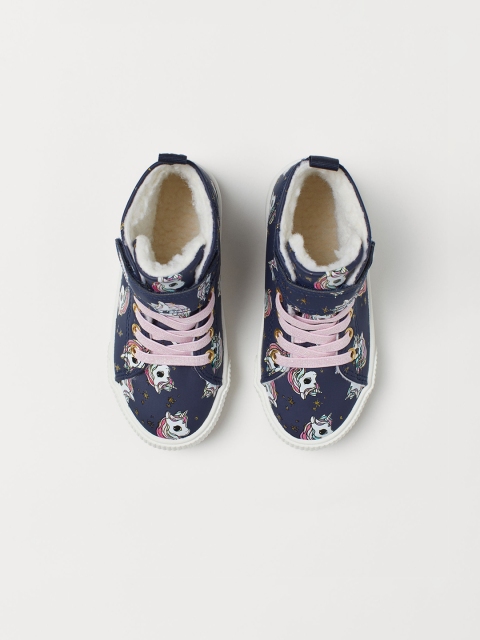 H&M Girls Navy Blue Printed Pile-Lined Hi-Tops