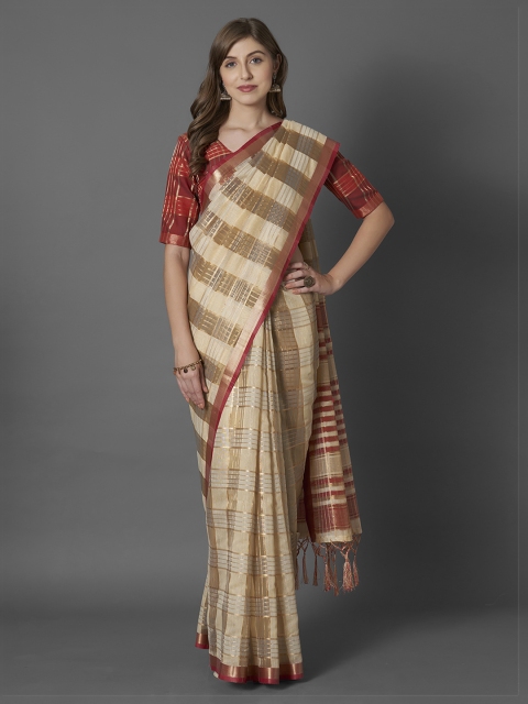 Mitera Beige & Gold-Toned Linen Blend Checked Saree