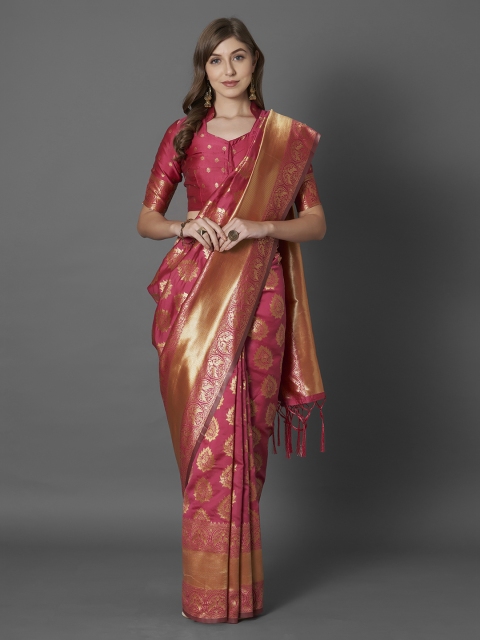 Mitera Pink & Gold-Toned Silk Blend Woven Design Dharmavaram Saree