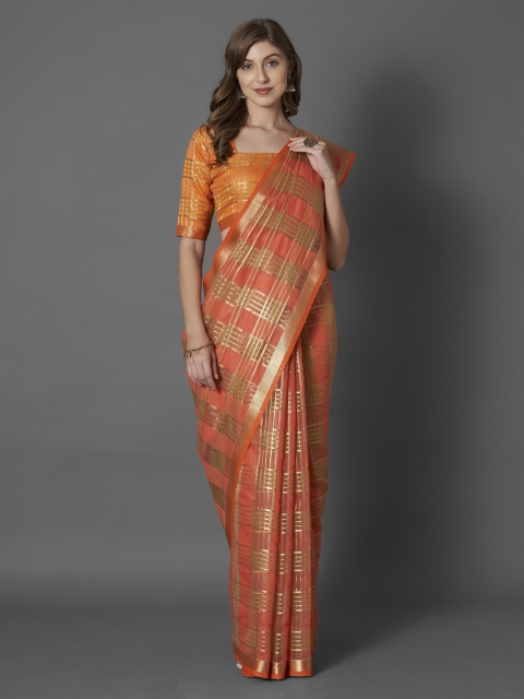Mitera Orange & Gold-Toned Linen Blend Checked Saree
