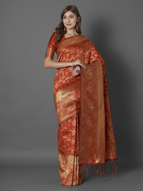 Mitera Rust Silk Blend Woven Design Dharmavaram Saree