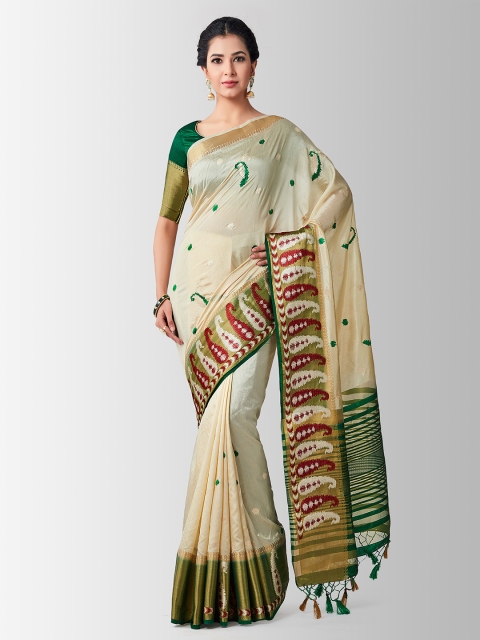 MIMOSA Beige & Green Art Silk Embroidered Kanjeevaram Saree
