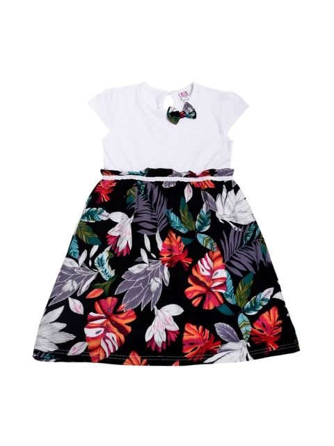 Lil Orchids Girls White & Black Tropical Print Fit and Flare Dress