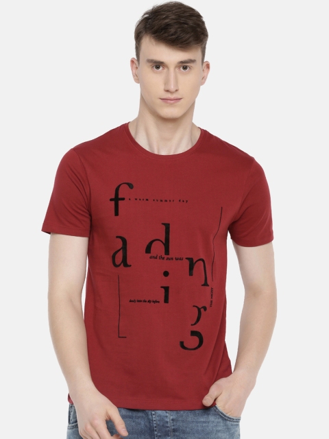 Celio Men Red Printed Round Neck Pure Cotton T-shirt