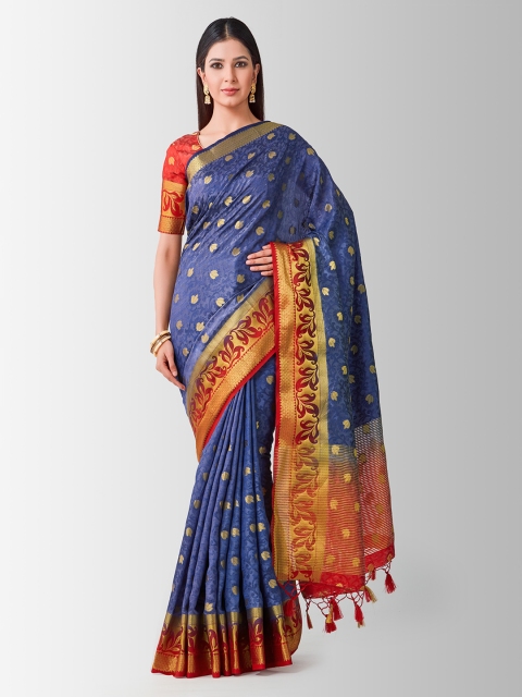MIMOSA Blue & Red Art Silk Woven Design Kanjeevaram Saree