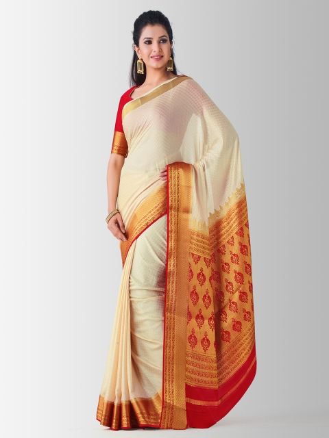 MIMOSA Beige & Red Poly Crepe Woven Design Mysore Silk Saree