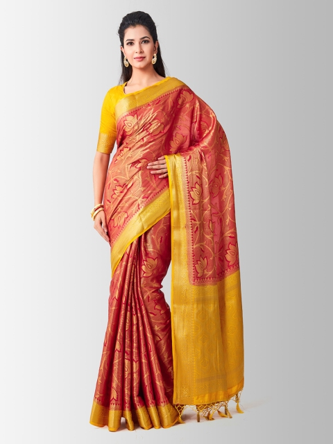 MIMOSA Rust & Yellow Art Silk Woven Design Kanjeevaram Saree