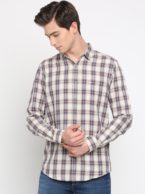 Crocodile Men Beige & Blue Slim Fit Checked Casual Shirt