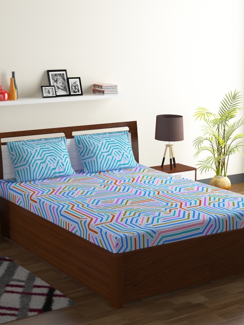 BOMBAY DYEING Blue Abstract 120 TC Cotton 1 King Bedsheet with 2 Pillow Covers