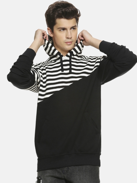 Campus Sutra Men White & Black Striped Hooded Sweatshirt