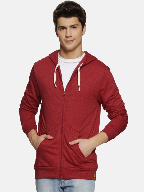 Campus Sutra Men Maroon Solid Hooded Sweatshirt