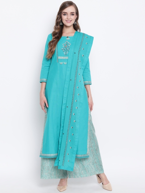 Kvsfab Women Turquoise Blue & Black Embroidered Kurti with Palazzos & Dupatta