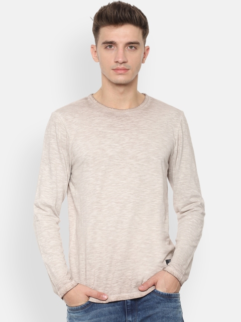 People Men Beige Solid Round Neck T-shirt