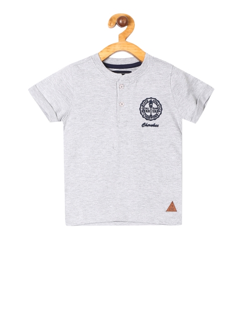Cherokee Boys Grey Self Design Mandarin Collar T-shirt