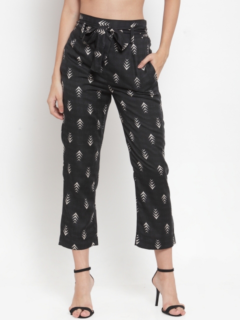 Aujjessa Women Black & White Regular Fit Printed Cigarette Trousers