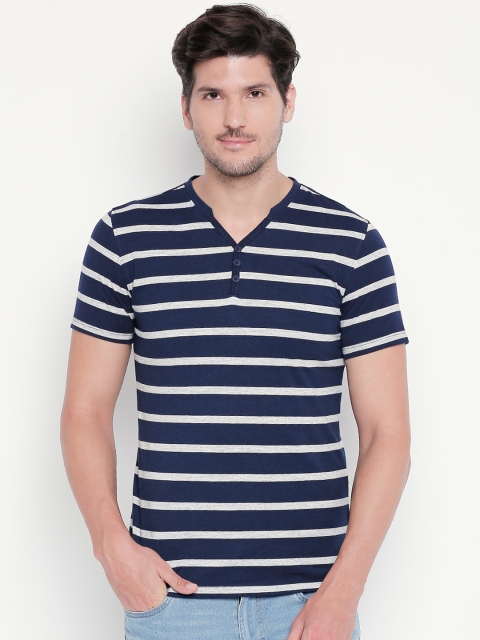 Urban Ranger by pantaloons Men Navy Blue Striped Henley Neck T-shirt
