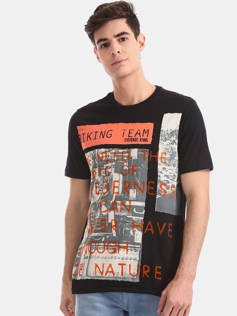 Cherokee Men Black Printed Slim-Fit Round Neck Pure Cotton T-shirt