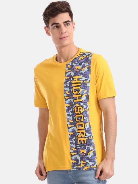 Colt Men Yellow Printed Round Neck Pure Cotton T-shirt