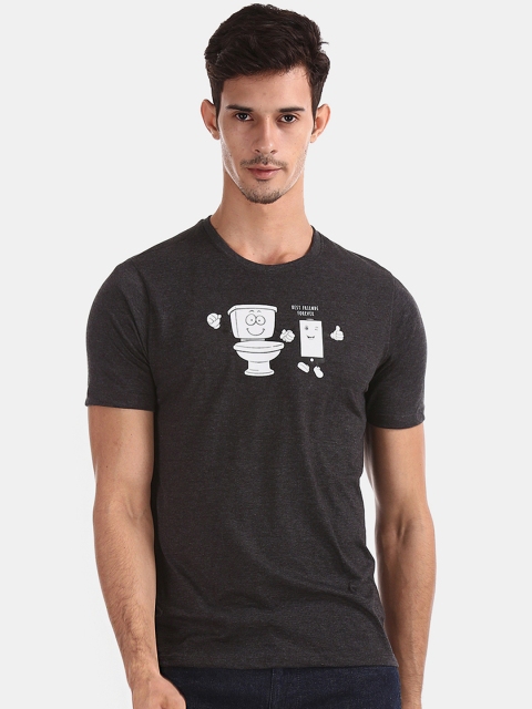 Colt Men Charcoal Black Printed Round Neck T-shirt
