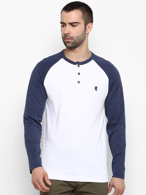 Red Tape Men White & Blue Solid Henley Neck T-shirt
