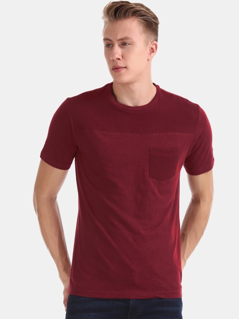 Cherokee Men Red Solid Round Neck Pure Cotton T-shirt
