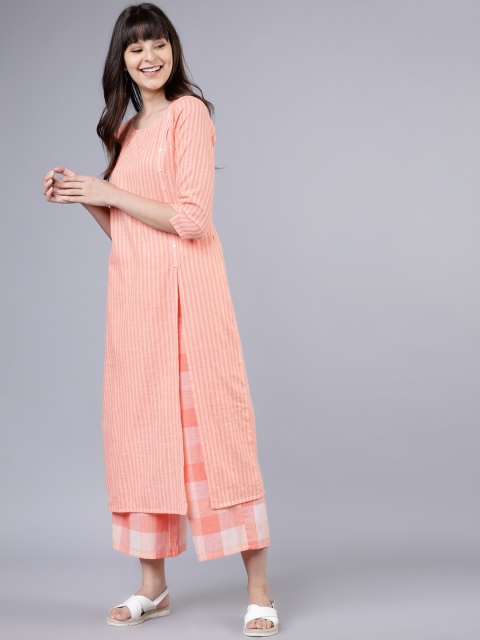 Vishudh Women Coral Striped Kurta with Palazzos