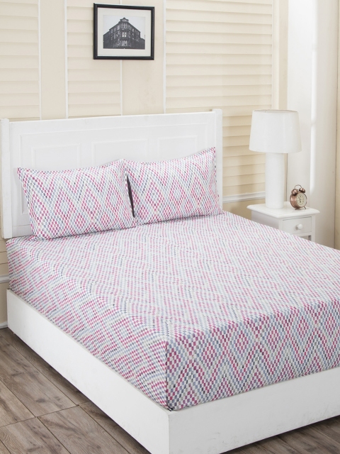 MASPAR Pink & White Geometric 210 TC Cotton 1 Queen Bedsheet with 2 Pillow Covers