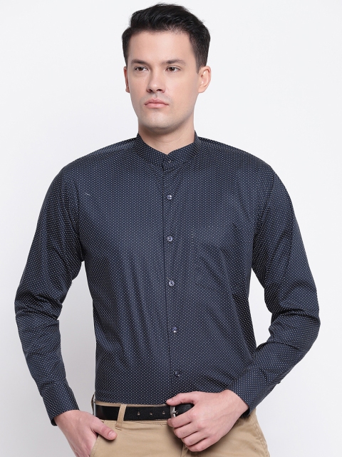 Hancock Men Navy Blue Slim Fit Printed Formal Shirt