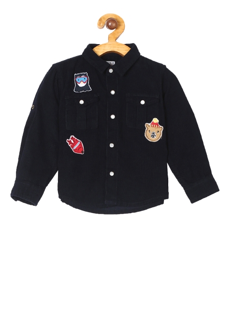 Donuts Boys Navy Blue Regular Fit Solid Corduroy Casual Shirt