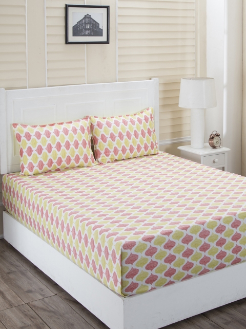 MASPAR Red & Yellow Abstract 210 TC Cotton Double Queen Bedsheet with 2 Pillow Covers
