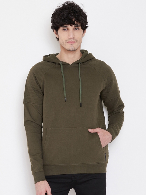 PUNK Men Olive Green Solid Hooded Sweatshirt